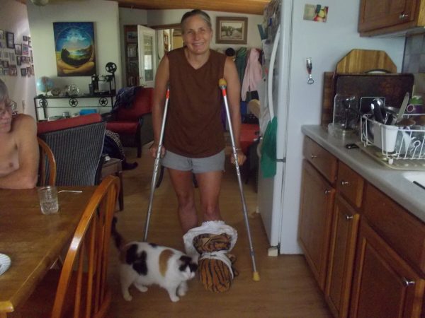 Marjory on Crutches with Snake Bite